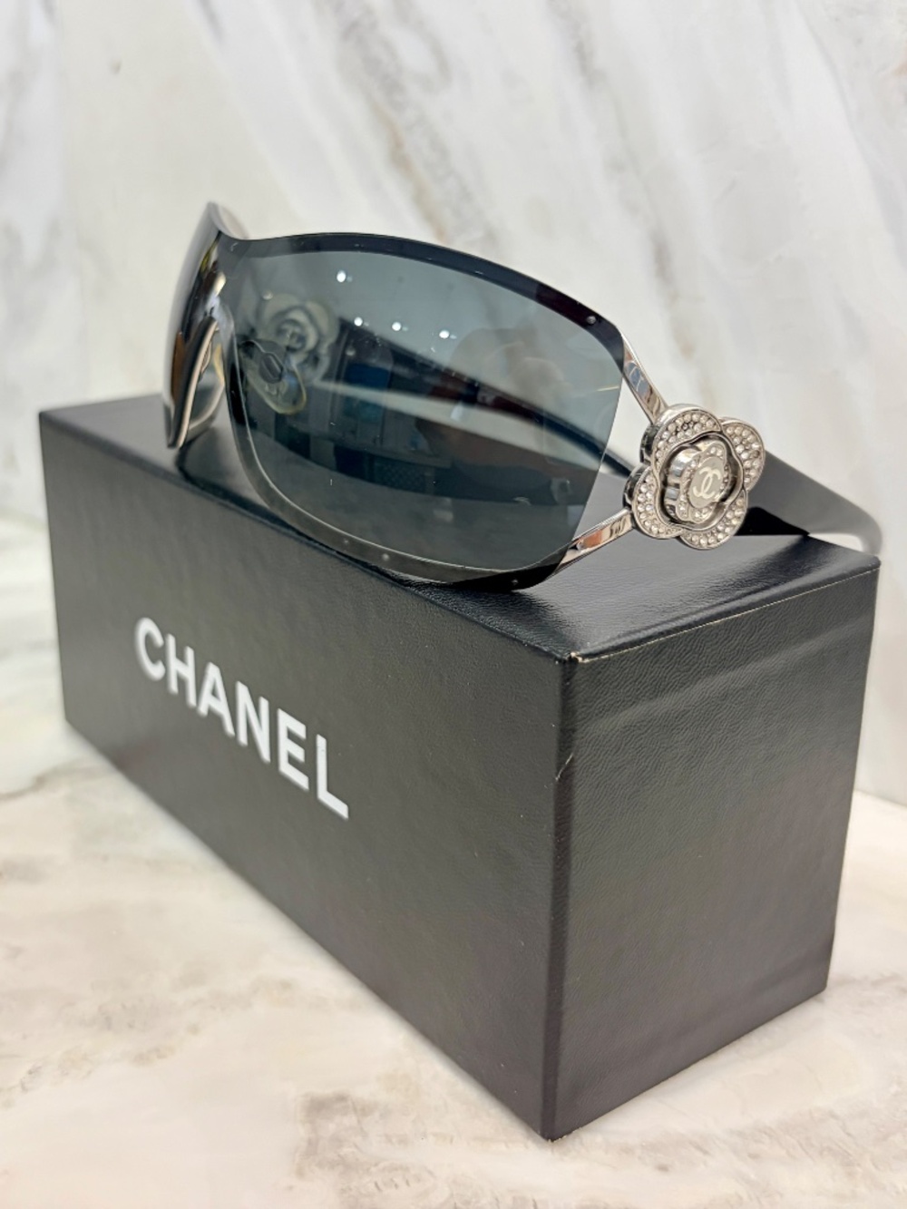 Authentic Chanel 4164-B Shield - Swarovski Crystal Camellia CC Sunglasses